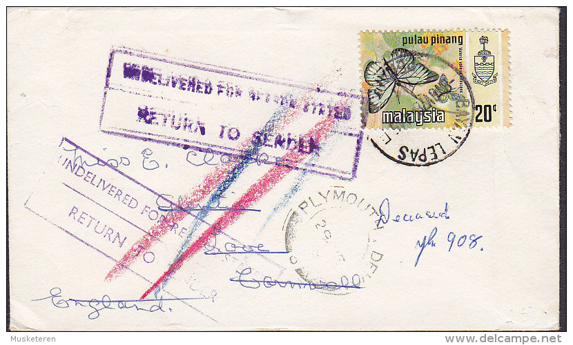 Malaysia BAYAN LEPAS Penang 1970 Cover Brief England UNDELIVERED Return Sender Schmetterling Butterfly Papillon 2 Scans - Penang