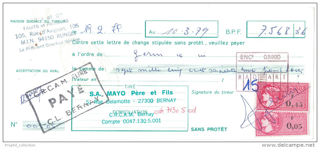 Timbre Fiscal à 5c Avec VARIETE CHIFFRE " 5 " BRISE Sur Document Complet De 1979 Entete Gerin Et Cie Rungis - Other & Unclassified