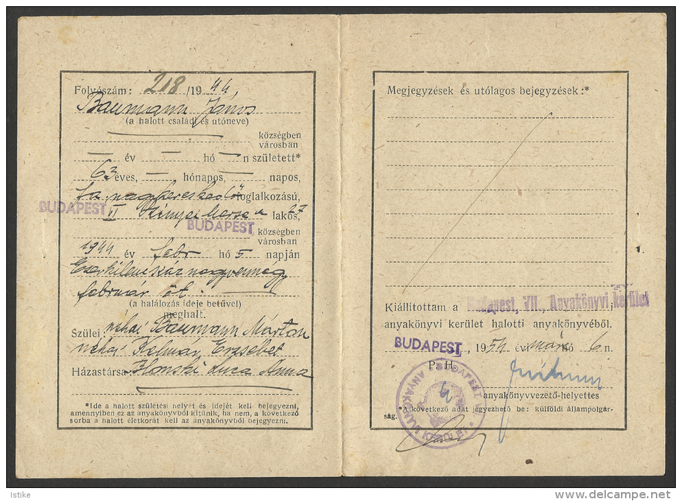 Hungary, Death Certificate, Taxed With 30 Filler, 1954. - Storia Postale