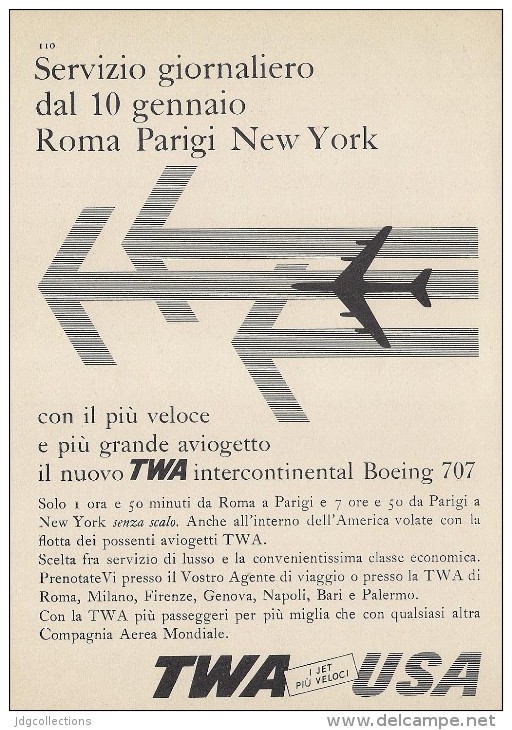 # TWA 1950s Italy Advert Pubblicità Publicitè Publicidad Reklame New York America Airlines Airways Aviation Airplane - Pubblicità