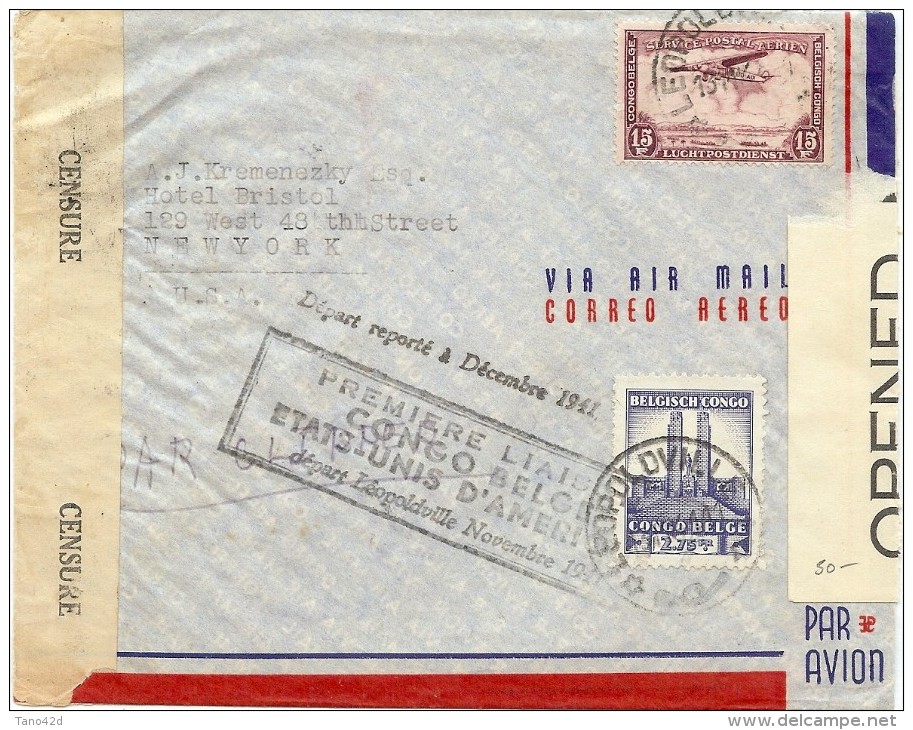 LBL30 - CONGO BELGE LETTRE AVION PREMIÈRE LIAISON AÉRIENNE AVEC LES ETATS UNIS NOVEMBRE 1941 - Storia Postale