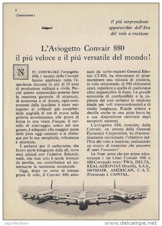 # CONVAIR 1950s Italy Advert Pub TWA DELTA SWISSAIR AMERICAN Airlines Airways Aviation Airplane - Advertisements