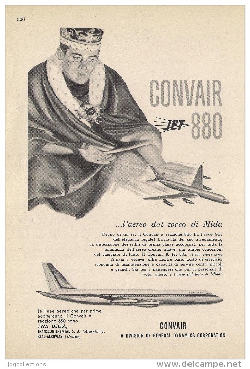 # CONVAIR 1950s Italy Advert Pub TWA DELTA SWISSAIR AMERICAN Airlines Airways Aviation Airplane King Mida - Advertenties