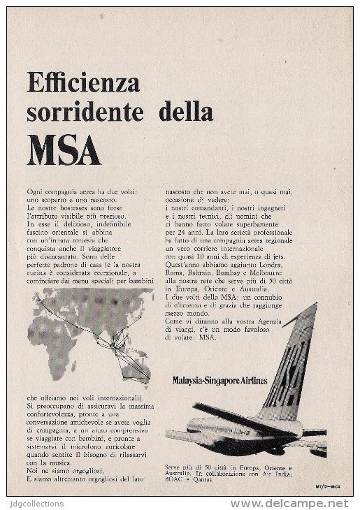 # MSA MALAYSIA SINGAPORE 1960s Italy Advert Publicitè Publicidad Reklame Airlines Airways Aviation Flight Airplane - Publicités
