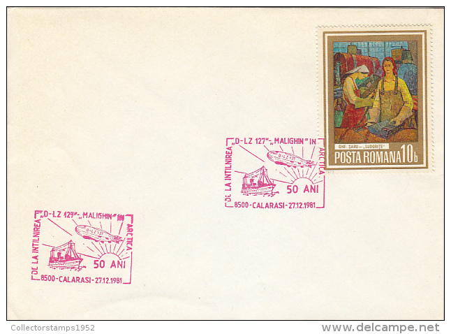 26343- ZEPPELIN D-LZ 127 MEETING MALIGHIN ICEBREAKER SHIP IN ARCTICA, SPECIAL POSTMARK ON COVER, 1981, ROMANIA - Navires & Brise-glace
