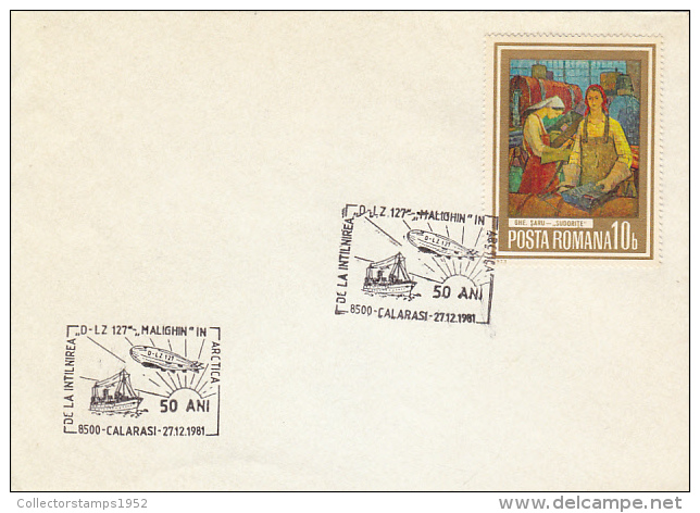 26344- ZEPPELIN D-LZ 127 MEETING MALIGHIN ICEBREAKER SHIP IN ARCTICA, SPECIAL POSTMARK ON COVER, 1981, ROMANIA - Navires & Brise-glace