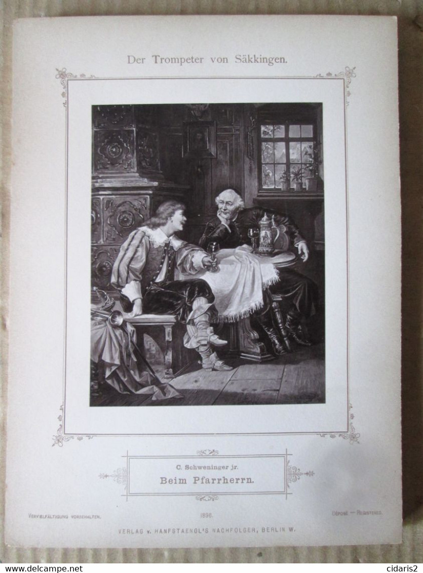 9 gravure "TROMPETER von SAKKINGEN" Scheffel gravure romantique XIXe sous emboitage gravur engraving SCHWENINGER 1896 !