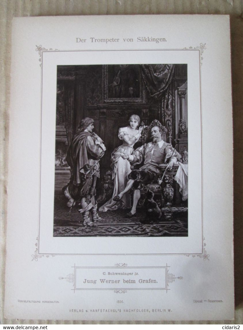 9 gravure "TROMPETER von SAKKINGEN" Scheffel gravure romantique XIXe sous emboitage gravur engraving SCHWENINGER 1896 !