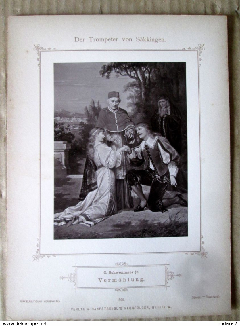 9 gravure "TROMPETER von SAKKINGEN" Scheffel gravure romantique XIXe sous emboitage gravur engraving SCHWENINGER 1896 !