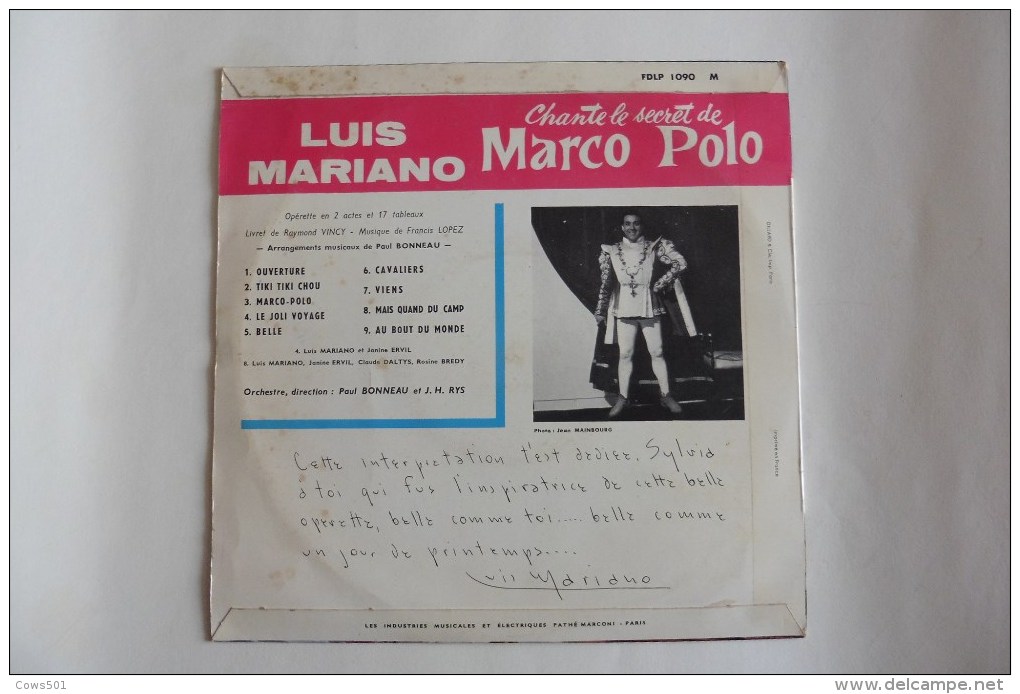 Disque  33  T :  25 Cm   :  Luis Mariano  Dédicacé ,chante Le Secret De Marco Polo - Other - Spanish Music