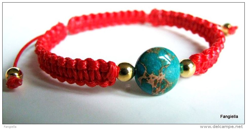 Bracelet Jaspe Sédimentaire Turquoise Pierre Semi-précieuse Sur Coton Ciré Rouge  Un Rouge Flamboyant Pour Accompagner C - Bracelets