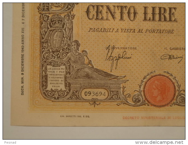 100 Lire D.M. 9-12-1942  Fascio  - Conservazione Come Da Foto (visto E Piaciuto) - 100 Lire