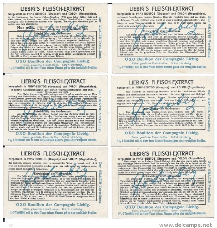 Tradecard KK000002 - Liebig's Fleisch-Extract (Entwicklung Des Geldwesens) 10.8 X 7.3 Cm Litographie (6 Cards Set) - Other & Unclassified