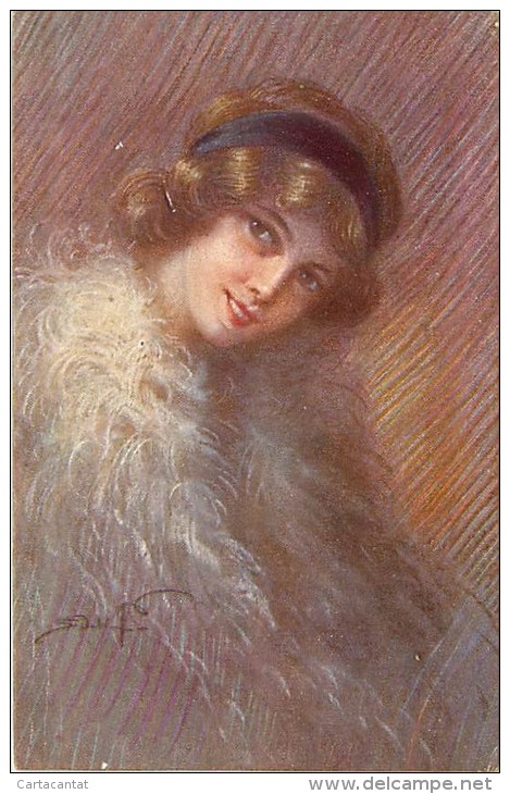 FINE SIGNORINA CON COLLO DI PIUME. BELLA ILLUSTRAZIONE - CARTOLINA DEL 1916 - LETTERA D'AMORE SUL RETRO - Altri & Non Classificati