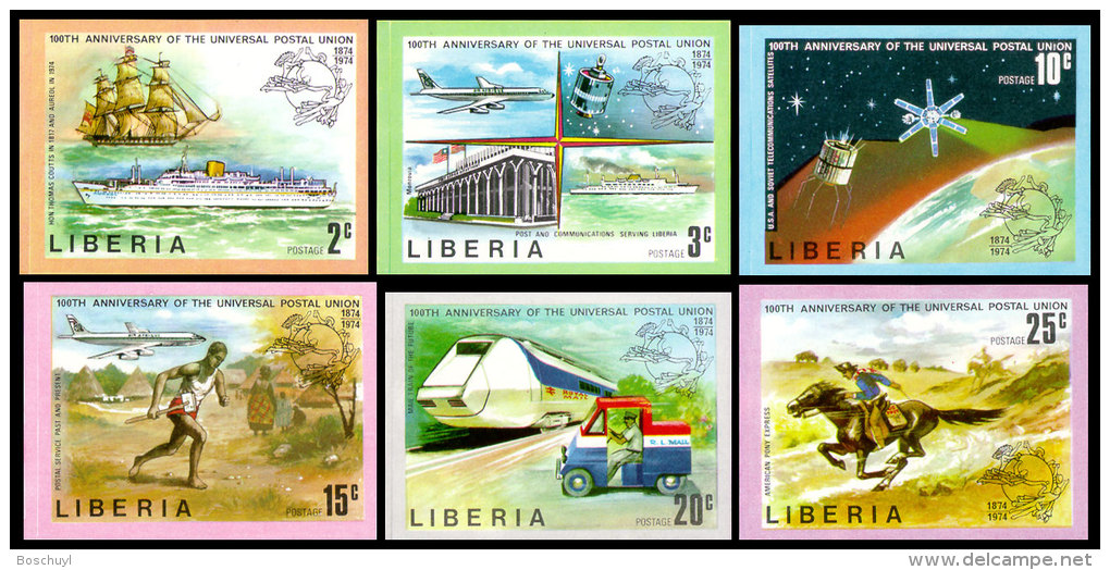 Liberia, 1974, Centenary Of The UPU, 1974, Michel #907B-12B, Scott #663-8 Imperforated, MNH, Imperforated Set - UPU (Unión Postal Universal)