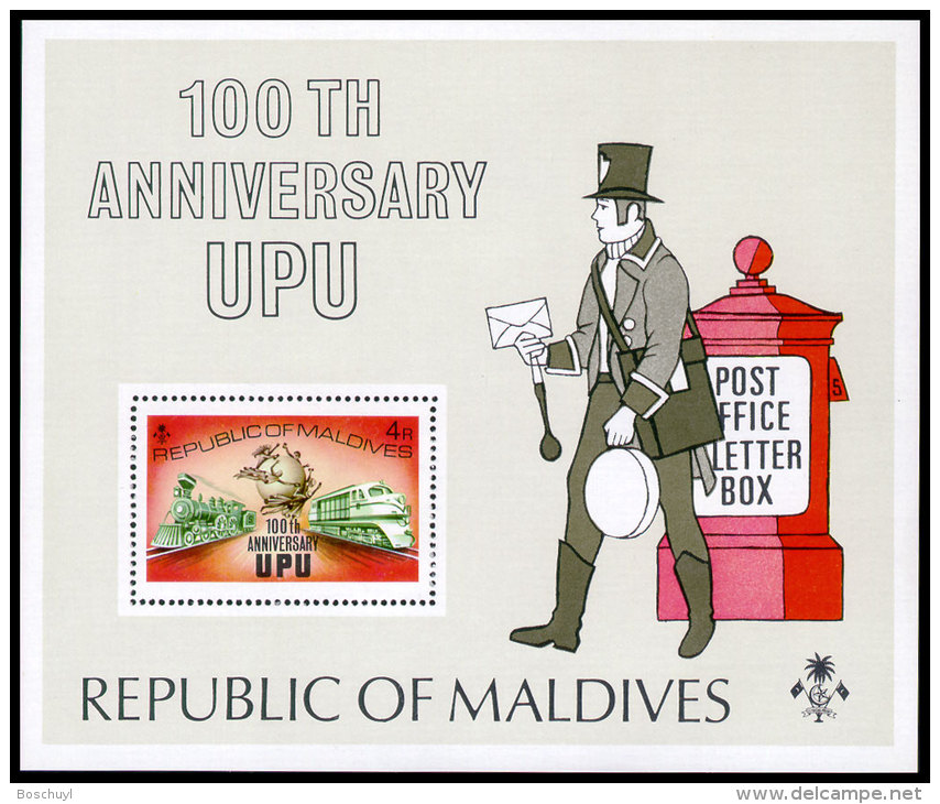 Maldive Islands, 1974, Centenary Of The UPU, 1974, Michel #Block 25A, Scott #502, MNH, Perforated Souvenir Sheet - UPU (Union Postale Universelle)