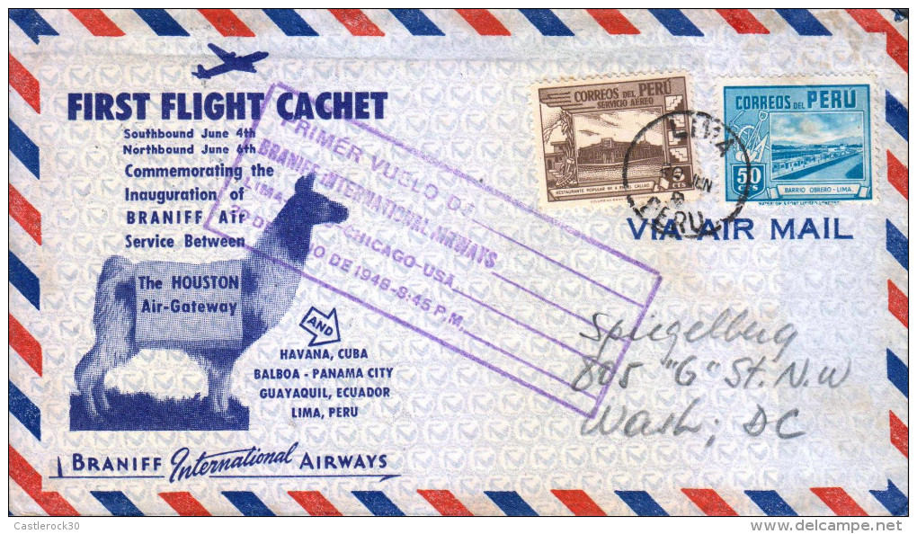 G)1948 PERU, FIRST FLIGHT CACHET, POPULAR REST. OF CALLAO-BARRIO OBRERO, LIMA, CIRCULATED COVER FROM LIMA TO WASHINGTON, - Peru