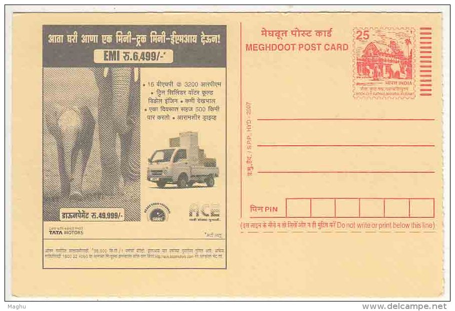Elephant, Animal, Automobile, ACE Truck, Transport, TATA MOTORS Meghdoot Postcard, Postal Stationery - Eléphants