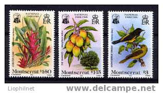 MONTSERRAT 1985, EMBLEMES NATIONAUX FLEURS FRUITS OISEAUX, 3 Valeurs, NEUFS. R226 - Montserrat