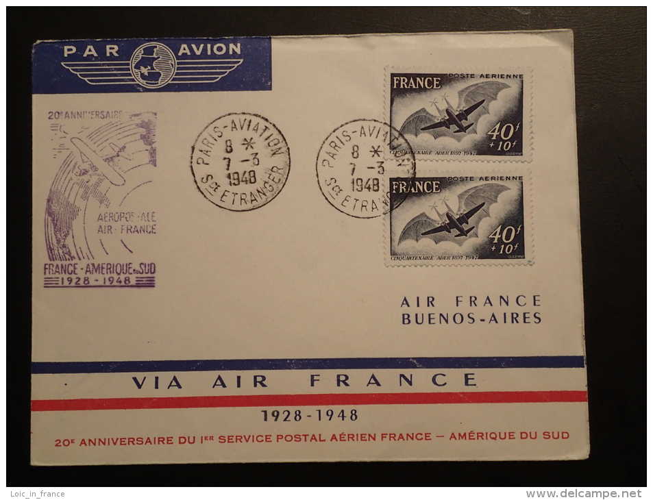 Lettre Premier Vol First Flight Cover 20 Ans Aeropostale Paris Buenos Aires Air France 1948 - Premiers Vols