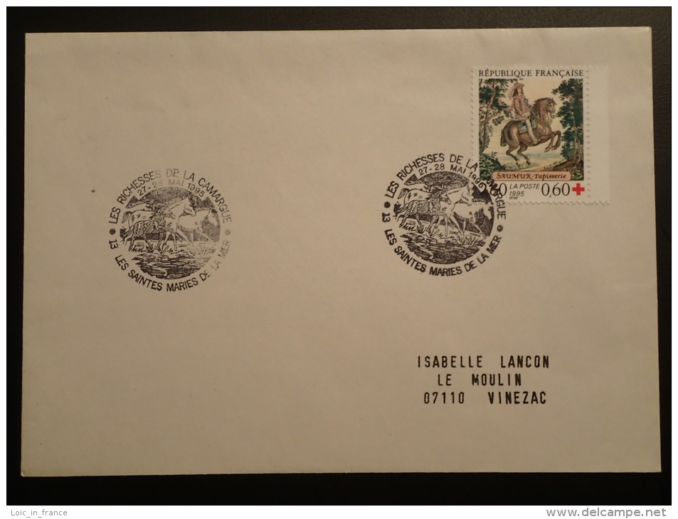 Oblitération Sur Lettre Postmark On Cover Cheval Horse Camargue Saintes Marie De La Mer 1995 - Horses