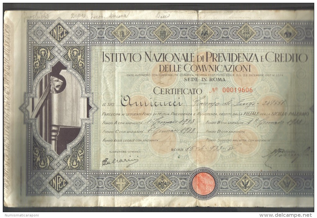 Istituto Nazionale Di Previdenza E Credito Delle Comunicazioni Roma Certificato Mutua Previdenza 1933 Doc.189 - Italië