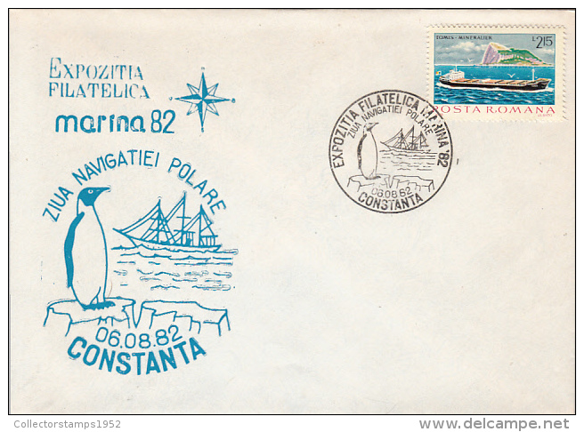 26569- POLAR NAVIGATION DAY, SHIP, PENGUINS, SPECIAL COVER, 1982, ROMANIA - Événements & Commémorations