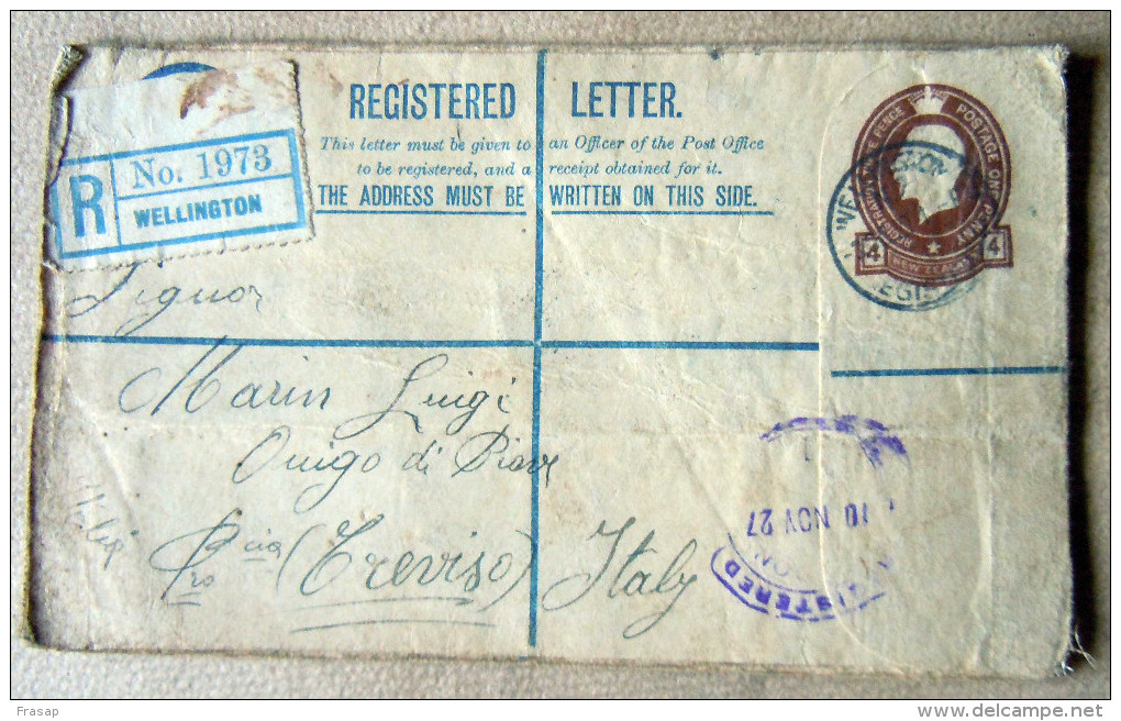 COVER NEW ZELAN  TO ITALY 1927  REGISTRED - Entiers Postaux