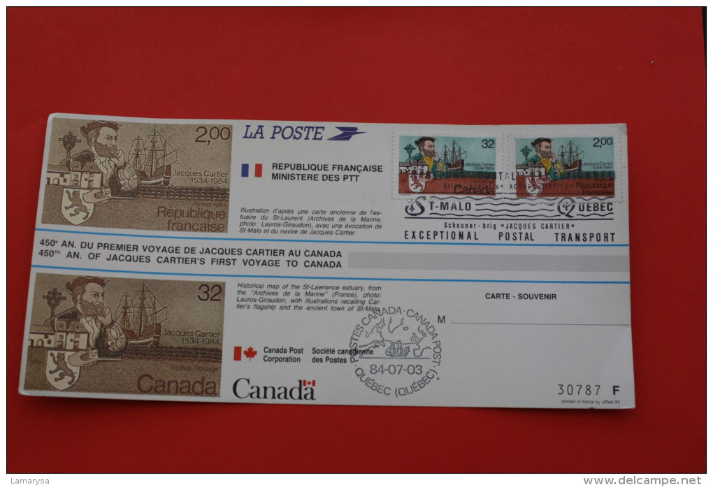 03-07-1984 CAD COMMEMORATIF CONCORDANCE JUMELAGE FRANCE/CANADA SAINT MALO/QUEBEC 450é ANNIVERSAIRE JACQUES CARTIER TRANS - Enveloppes Commémoratives