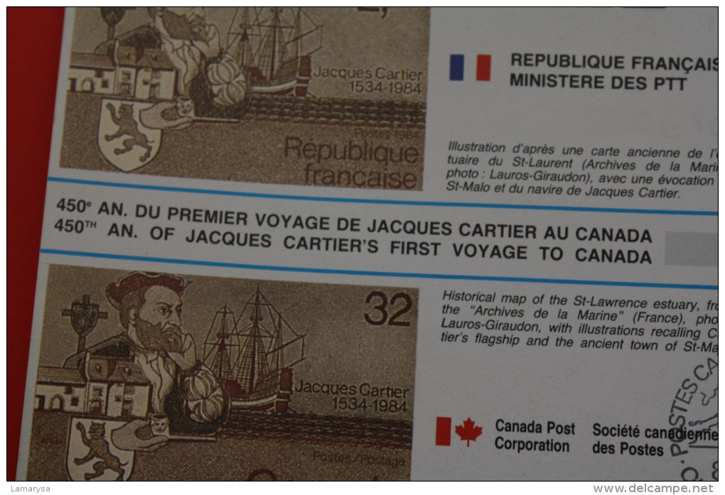 03-07-1984 CAD COMMEMORATIF CONCORDANCE JUMELAGE FRANCE/CANADA SAINT MALO/QUEBEC 450é ANNIVERSAIRE JACQUES CARTIER TRANS - Commemorative Covers