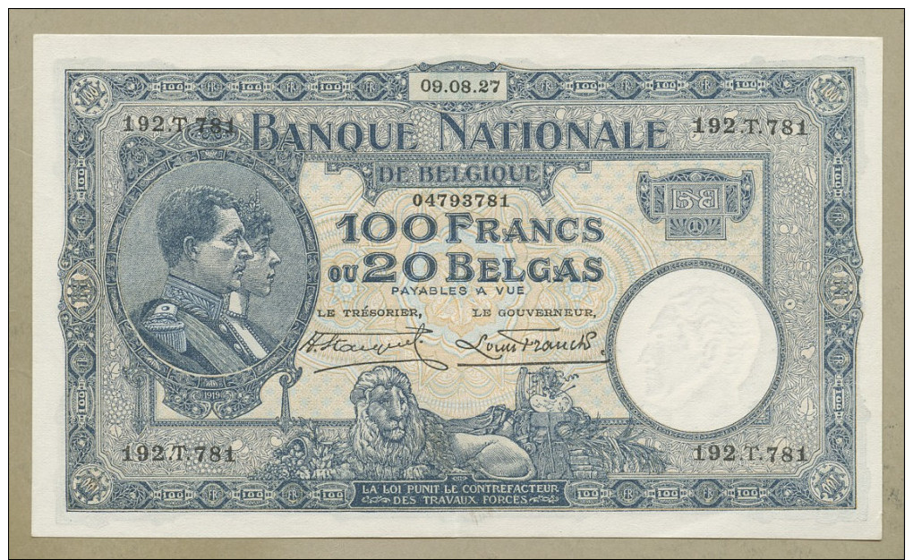 BELGIUM - 100 Francs  1927  P102  Very Choice EF  ( Banknotes ) - 100 Francs & 100 Francs-20 Belgas