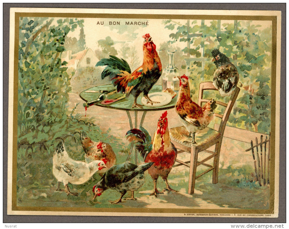 Au Bon Marché, Chromo Lith. Sirven SIR6, Volaille, Coq & Poules Autour D'une Table - Au Bon Marché