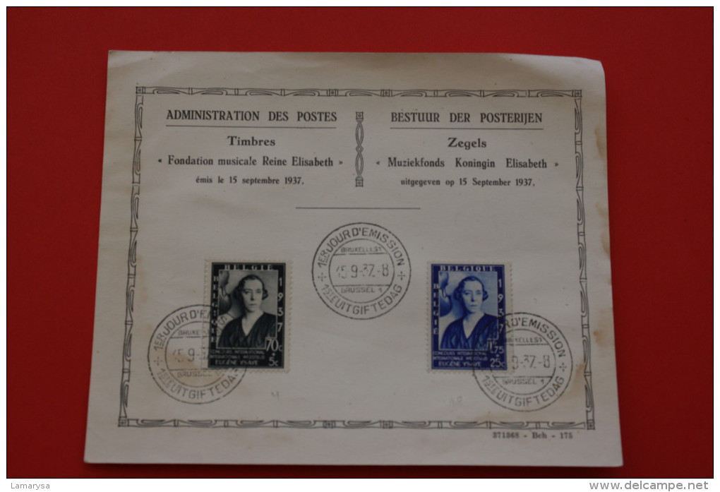 15/9/1937 TIMBRES ZEGELS ADMINISTRATION DES POSTES FONDATION MUSICALE REINE ELISABETH FDC 1ER JOUR EMISSION  MUZIEKFONDS - Unclassified