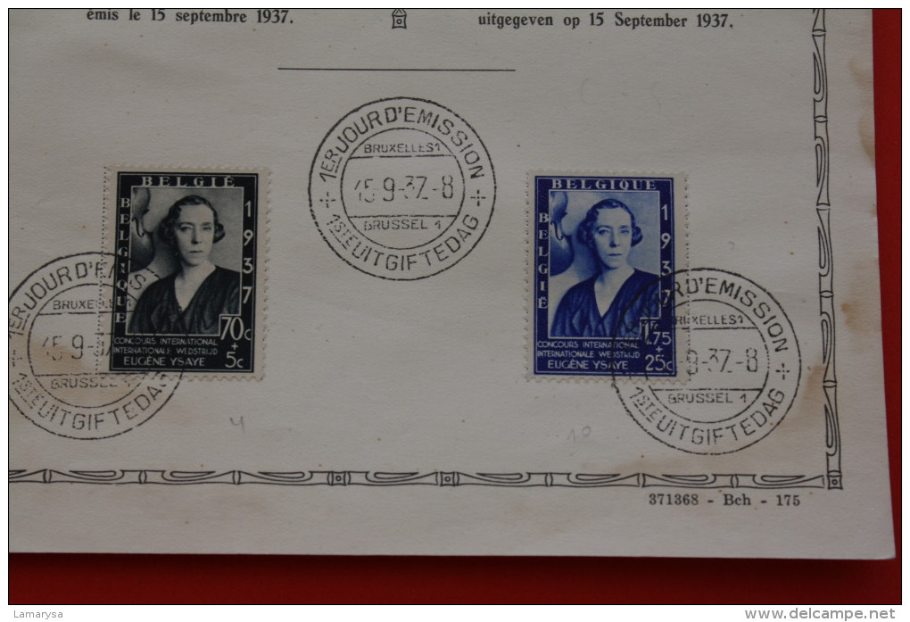 15/9/1937 TIMBRES ZEGELS ADMINISTRATION DES POSTES FONDATION MUSICALE REINE ELISABETH FDC 1ER JOUR EMISSION  MUZIEKFONDS - Non Classés