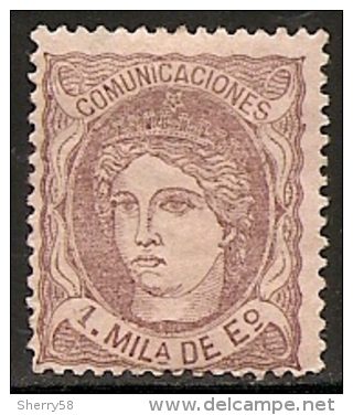 1870-ED. 102 GOB. PROVISIONAL. EFIGIE ALEGÓRICA DE ESPAÑA- 1 MILESIMA VIOLETA S. SALMÓN-NUEVO - Ongebruikt