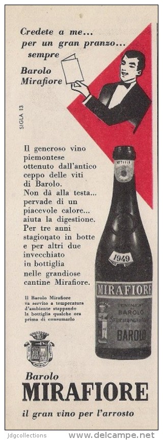 # VINO BAROLO MIRAFIORE 1950s Advert Pubblicità Publicitè Reklame Food Drink Vino Wine Vin Wein Vinho - Manifesti