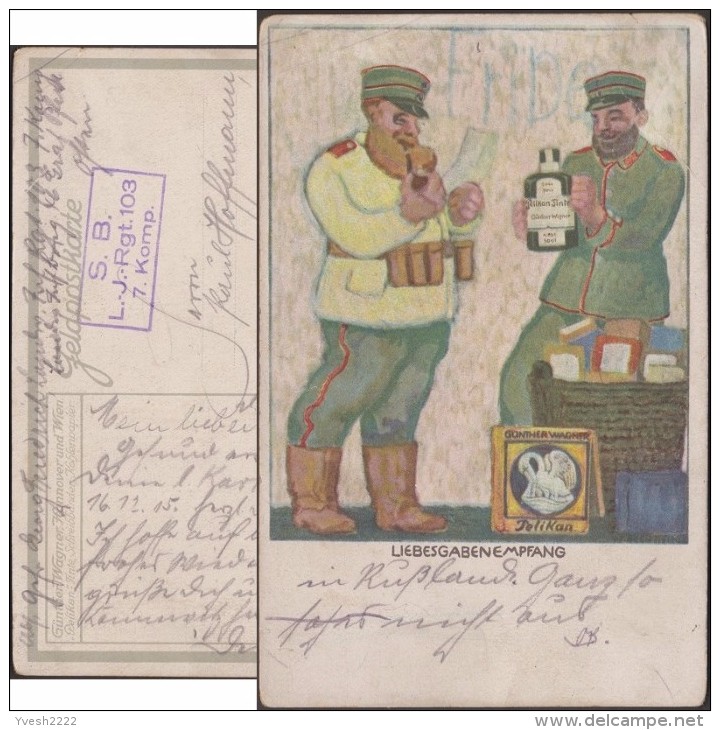 Allemagne 1915. Carte En Franchise Militaire. Réception D'un Cadeau D'amour. Bouteilles D'encre, Pipe, Pélicans - Pelicans