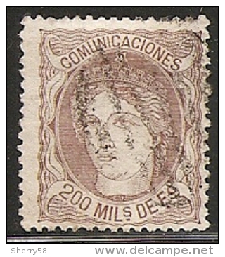 1870-ED. 109  GOB. PROVISIONAL. EFIGIE ALEGÓRICA DE ESPAÑA- 200 MILESIMAS CASTAÑO-USADO PARRILLA. RARO - Oblitérés