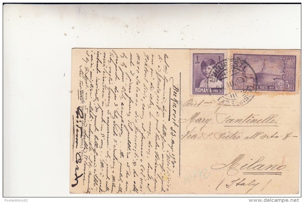 Bucarest To Milano Su Post Card  1930 - Postmark Collection