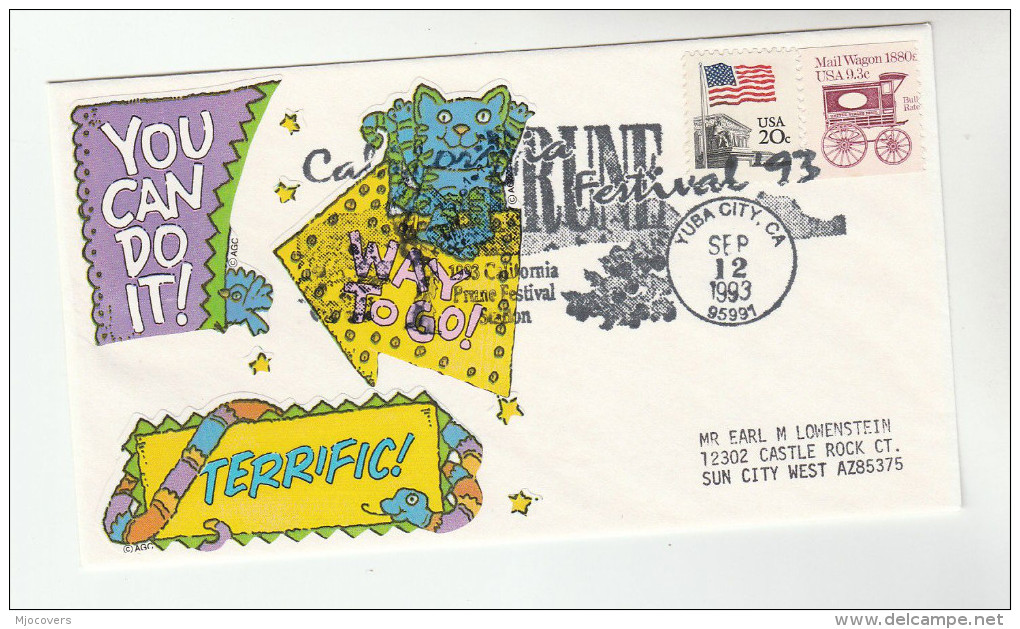 USA CAT LABEL EVENT COVER  Yuba Cuity PRUNE FESTIVAL California  Stamps Mail Wagon Flag Cat - Chats Domestiques