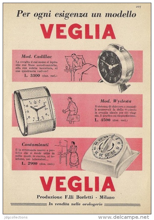 # VEGLIA BORLETTI MILANO OROLOGI HORLOGERIE 1950s  Italy Advert Publicitè Reklame Montre Uhr Reloj Watch Alarme Clock - Montres Publicitaires