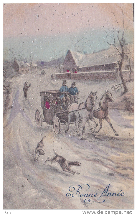 Orens Illustrateur  Bonne Année  1912  Paysage De Neige Chevaux  Diligence Chiens   Neige En Relief   TBE - Orens