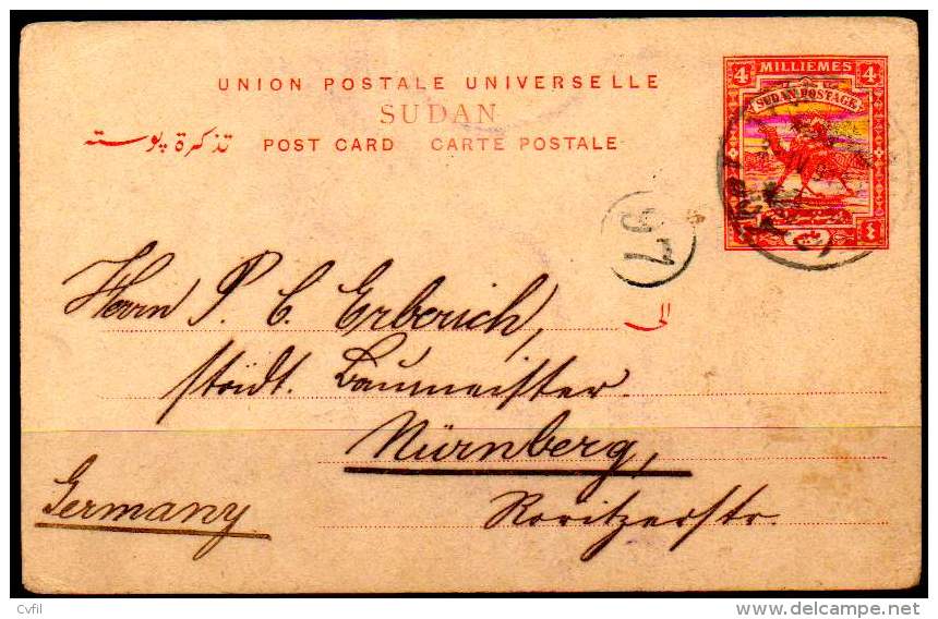 EARLY SUDAN 1913. Entire Postal Card Of 4 Millièmes Postman To Nürnberg, Germany - Soudan (...-1951)