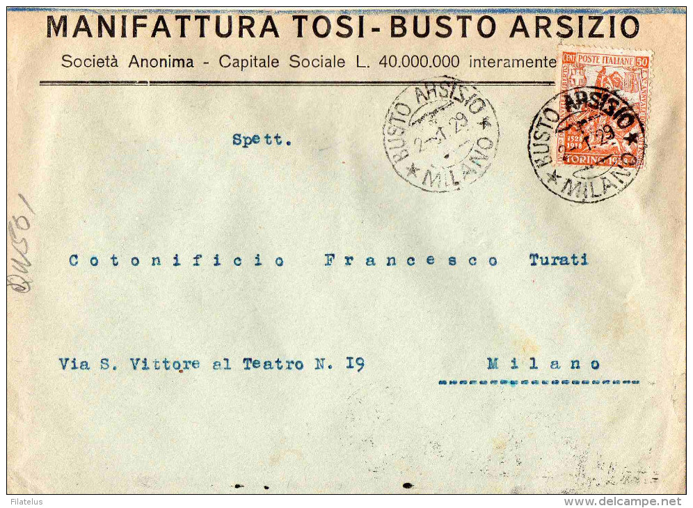 BUSTA POSTALE PUBBLICITARIA-BUSTO ARSIZIO-2-1-1929-MANIFATTURA TOSI X COTONIFICIO A MILANO - Storia Postale