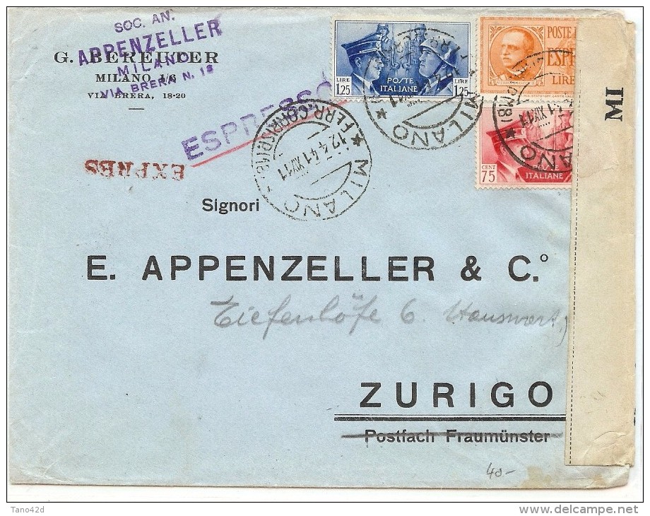 LBL30 - ITALIE LETTRE EXPRES MILANO / ZURICH 12/4/1941 - Storia Postale