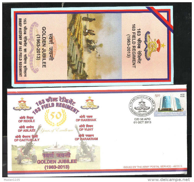 INDIA, 2013, ARMY POSTAL SERVICE COVER WITH FOLDER, 163 Field Regiment, Golden Jubilee,  Militaria - Covers & Documents
