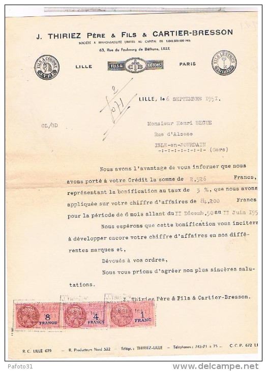 Llettre Facture Timbre Fiscal 1951.THIRIEZ CARTIER BRESSON FILS 63 FAUBOURG DE BETHUNE LILLE.. FAC221 - Textile & Vestimentaire