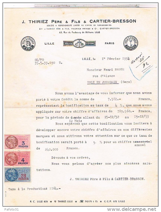 Llettre Facture Timbre Fiscal 1954.THIRIEZ CARTIER BRESSON FILS 63 FAUBOURG DE BETHUNE LILLE.. FAC223 - Textile & Vestimentaire