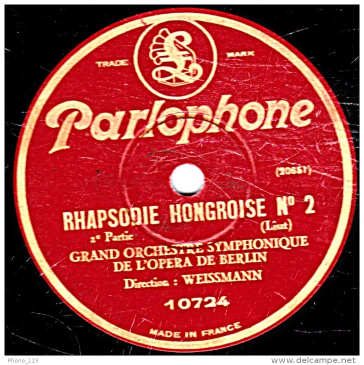 78 Trs - 30 Cm - état B - GRAND ORCH. SYMPHONIQUE DE BERLIN - RHAPSODIE HONGROISE N°E 1re Et 2e Parties - 78 T - Disques Pour Gramophone