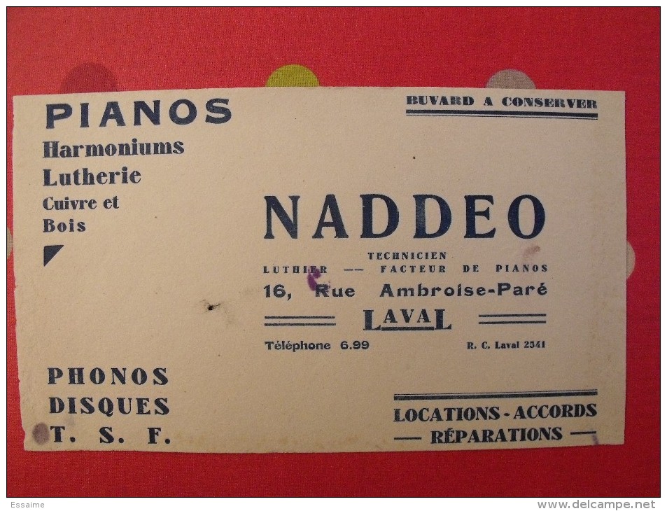 Buvard Pianos Harmoniums Lutherie Phonos Disques TSF. Naddeo à Laval. Vers 1950 - P